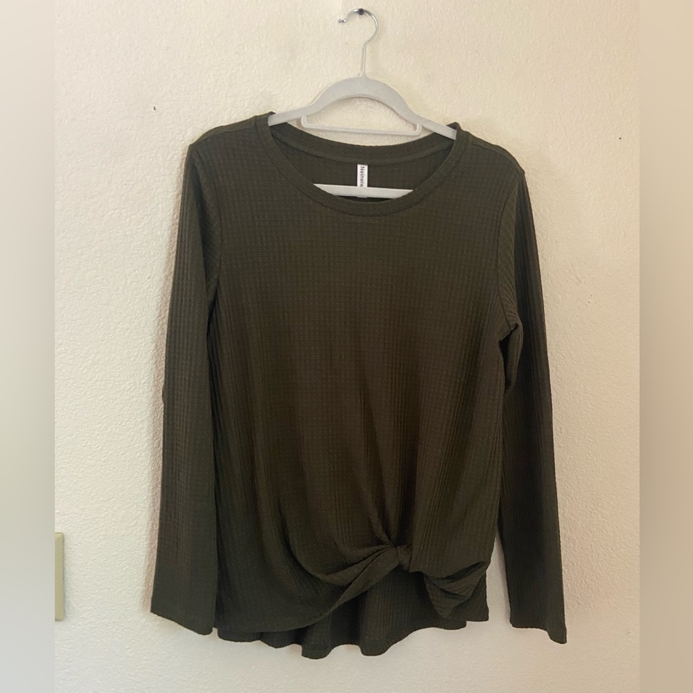 Military green waffle knit top. Size large